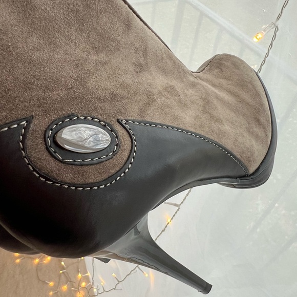 Italian Designer Suede Brown Green Khaki Knee High Fur Boots Platform High Heels - Picture 2 of 14